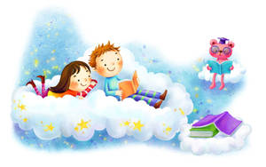 孩子和熊在雲上與星星一起看書