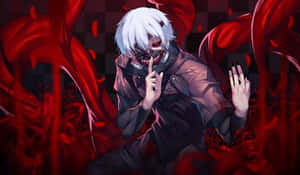 白髮紅眼的動漫角色在紅色觸手中做出安靜的手勢。