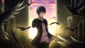 動漫男孩，擁有發光的紅色眼睛，在日落時被飛翔的烏鴉包圍。
