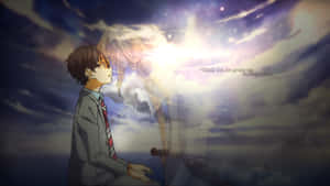 穿校服的男孩仰望在暴風雨天空中漂浮的發光女孩