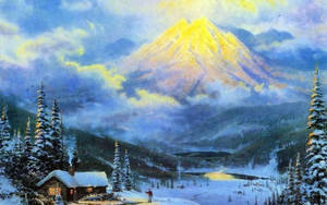 冬季森林中的雪覆蓋小屋與日落時閃耀的山峰 — 冬天 壁紙