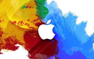 白色Apple標誌在色彩繽紛的抽象筆觸背景上。