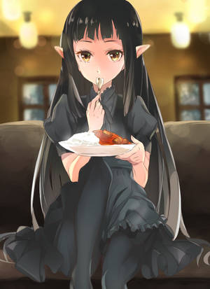 動漫精靈女仔喺燈光溫暖嘅房間嘅梳化上食晚餐。