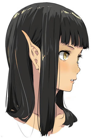黑髮金眼動漫精靈少女側面照。
