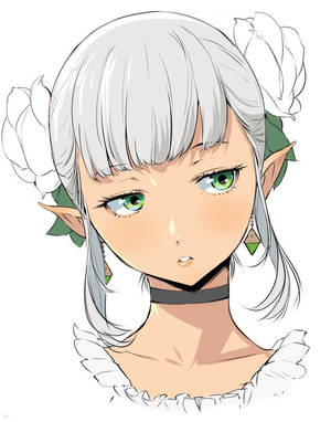 銀色頭髮、綠色眼睛、戴著花卉飾品的動漫精靈女孩。