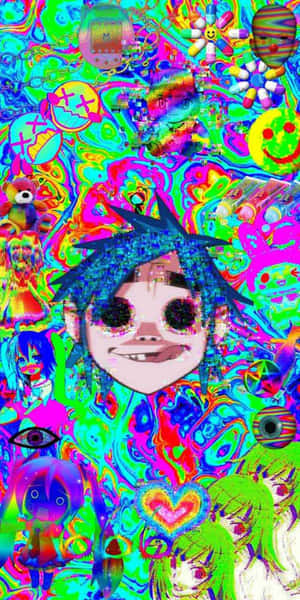 一個色彩繽紛、帶有故障效果的動漫角色，被漂浮的卡通物體和漩渦圖案包圍。 — 故障 壁紙