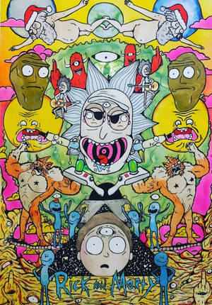 瑞克和莫蒂在迷幻卡通場景中被怪異角色包圍。