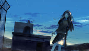 穿著校服的動漫女孩在屋頂上觀看流星在黃昏的天空中墜落。 — 動漫女孩 壁紙