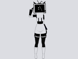 動漫女僕電視頭，以極簡黑白風格拿著咖啡杯。