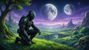 未來戰士跪在外星草原上，天空有兩個月亮。
