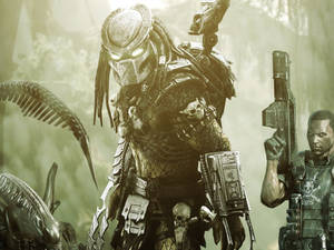 掠食者和士兵在叢林中手持武器和頭骨 — Alienware GIF 壁紙