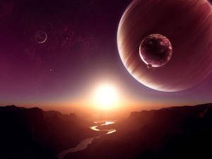 日落時分的外星峽谷，發光的河流和紫色天空中的巨大行星