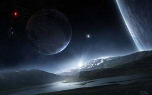 在星空下，有兩顆行星和一顆明亮星星的外星山峰和湖泊。 — 夜晚 GIF 壁紙