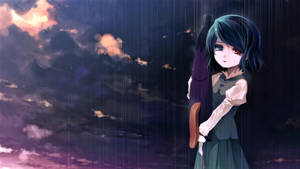 深色頭髮和紅色眼睛的動漫女孩站在雨中，背景是暴風雨黃昏天空。