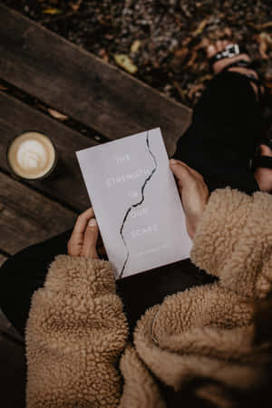 一個人在秋天戶外喝咖啡時閱讀名為《The Strength in Our Scars》的書。
