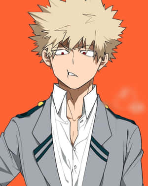 動漫男孩，金色尖刺頭髮，紅色眼睛，穿著灰色制服，背景為橙色。
