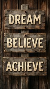 三個木牌上寫著 dream believe achieve 字樣，安裝在圍欄上。