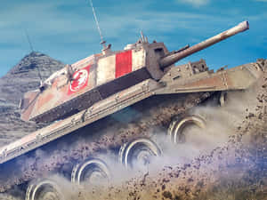 一輛生鏽的軍用坦克在塵土飛揚的地形中疾馳，背景是山脈。 — 坦克 壁紙