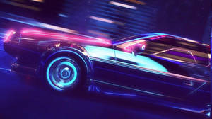 霓虹燈下的復古車在賽博龐克之夜中疾馳，留下發光軌跡。 — 酷車 壁紙