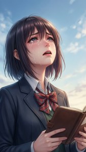 一個穿著校服的動漫女孩在藍天下抱著一本書哭泣