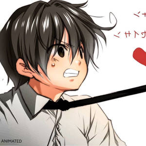 動漫男孩，黑髮大眼睛，看起來很震驚，一條黑色絲帶劃過他的脖子。