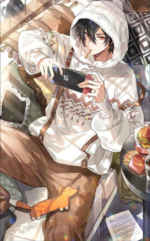 動漫男孩穿連帽衫在沙發上玩遊戲，有狐狸毛公仔和快餐