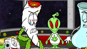 太空船內憤怒的卡通外星人和有眼睛的時鐘。