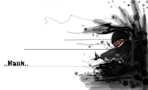 紅眼動漫士兵以深色墨水飛濺風格手持步槍。