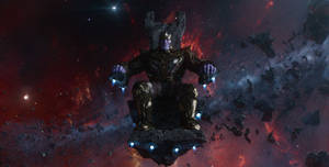 Thanos 坐在一個漂浮的王座上，身處熾熱的宇宙星雲中。