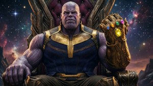 薩諾斯身穿盔甲，在繁星點點的太空背景下手持無限手套。 — Thanos 壁紙