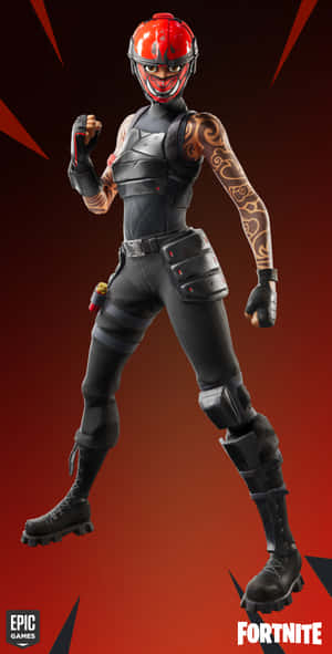穿著黑色裝備和紅色頭盔的Fortnite角色動態地擺姿勢。