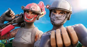 兩個身穿戰鬥裝備的 Fortnite 角色手持武器擺姿勢。 — 鬼滅之刃面具 壁紙