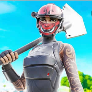 Fortnite角色戴著紅色頭盔和鎬，在明亮的藍天下。 — 藍天 壁紙