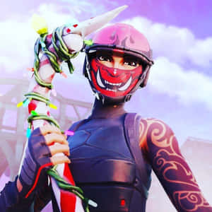 戴紅色面具的Fortnite角色拿著裝飾拐杖糖 — 狙擊手 壁紙