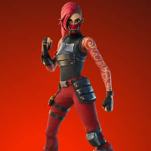 一個紅髮的Fortnite角色穿著戰鬥裝備在紅色背景前挑釁地擺姿勢。