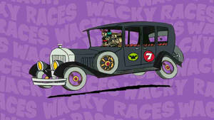 復古卡通賽車與角色在紫色 wacky races 圖案背景上飛馳。