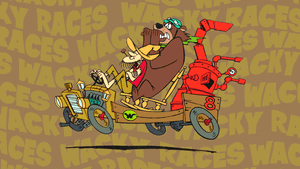 兩個卡通角色在一輛奇特車輛中比賽，身後有「Wacky Races」文字。