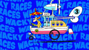 一個卡通賽車手在藍色 'WACKY RACES' 背景上，駕駛一輛帶有車輪和螺旋槳的古怪車輛。
