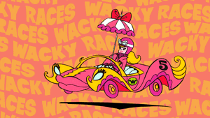 粉紅色卡通賽車手駕駛著奇特的汽車，帶有遮陽傘，在重複的 wacky races 背景上。