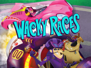 卡通角色駕駛色彩繽紛的未來賽車，帶有 'Wacky Races' 標題。