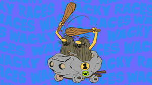 兩隻浣熊喺一架石頭車入面，揸住木棍，背景係『Wacky Races』文字。