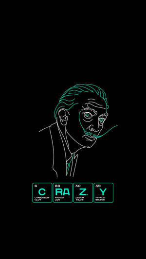 霓虹線條畫，描繪一名男性，下方用原子符號拼出「Crazy」。