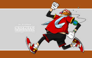 Dr Eggman 穿著紅色外套和黑色褲子在條紋背景上奔跑。