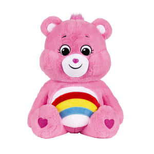 粉紅色Care Bear毛公仔，彩虹肚和心形手掌微笑