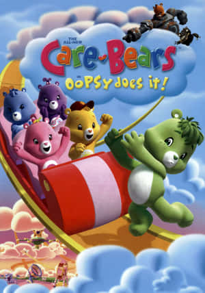 Care Bears騎著拐杖糖雪橇穿過雲朵，有一個機械人在追趕它們。