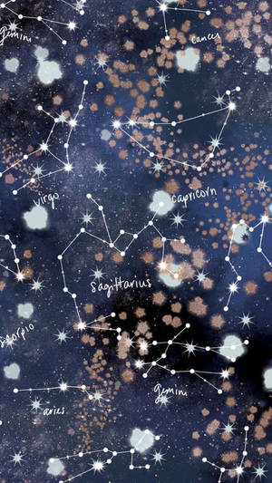 人馬座和雙子座等星座在帶有金色斑點的星空下發光。