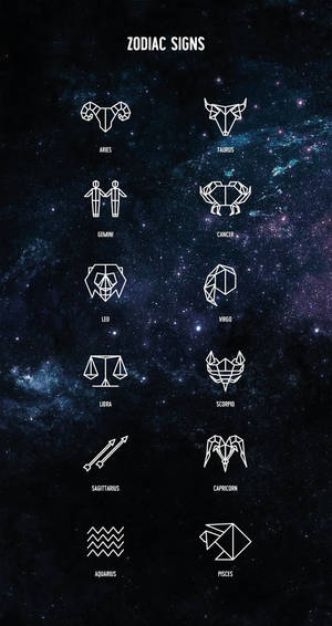 十二個幾何星座符號顯示喺星空太空背景上。
