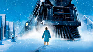 穿藍色外套的孩子在雪鎮觀看巨型蒸汽火車。 — 北極熊 GIF 壁紙