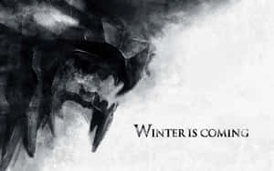 冰原狼剪影搭配 winter is coming 文字，單色風格。