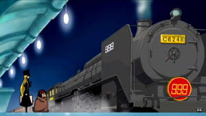 兩個人物在火車站觀看夜間的蒸汽火車。